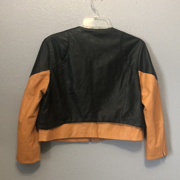 asos REAL Leather jacket Women's 12 camel brown black zip front crop coat EUC - Picture 3 of 16